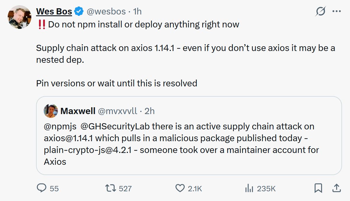 Wes Bos tweet about Axios being compromised